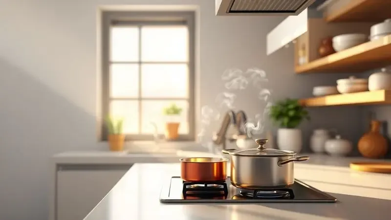Ilustração 3D de uma cozinha aconchegante e organizada simbolizando o prazer de cozinhar com bons utensílios.