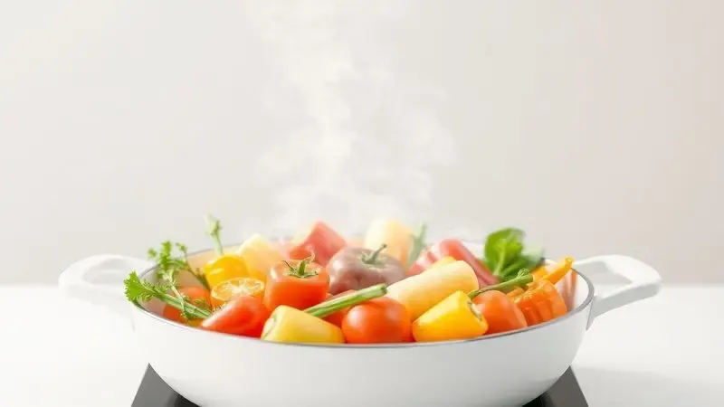 Renderização artística de vegetais frescos cozinhando suavemente em uma panela com revestimento cerâmico limpo e branco.
