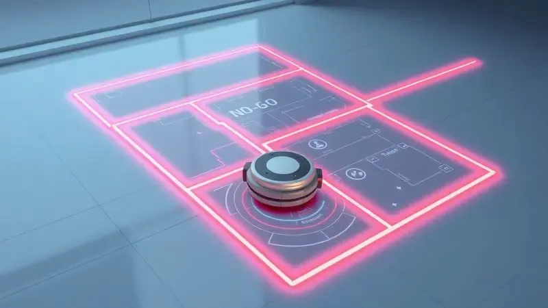 Ilustração digital de um mapa de limpeza com linhas holográficas vermelhas indicando zonas proibidas para o robô aspirador.