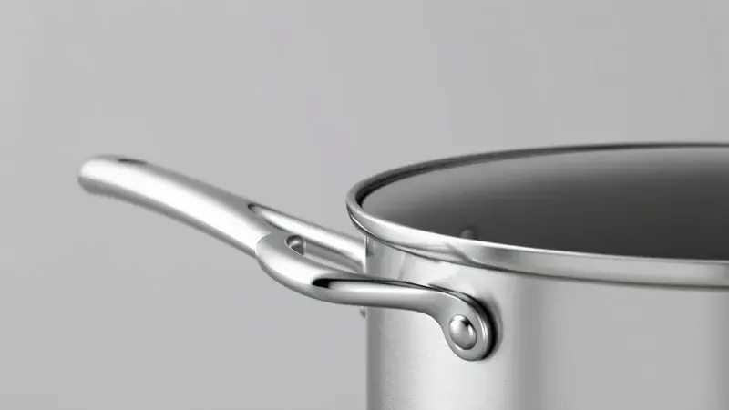 Detalhe 3D aproximado de um cabo e tampa de panela metálica de luxo, mostrando o acabamento e a espessura do material.