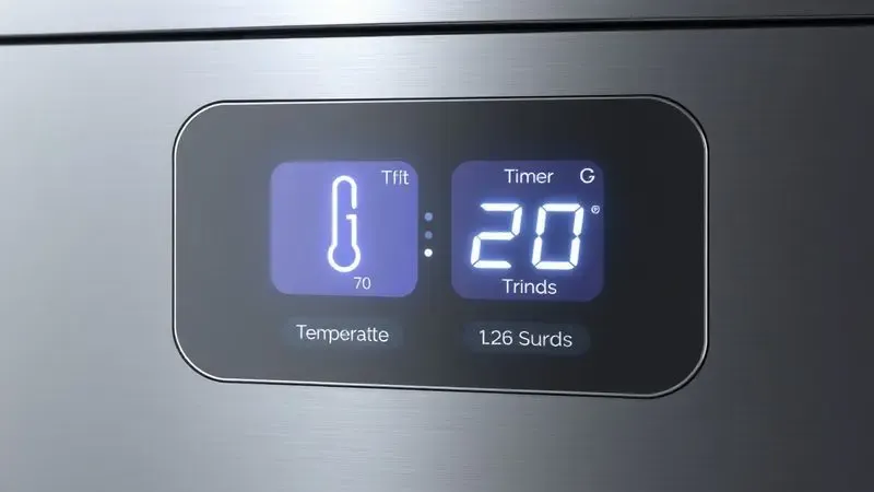 Ilustração 3D de um painel digital moderno com ícones de temperatura e tempo para eletrodomésticos de cozinha.