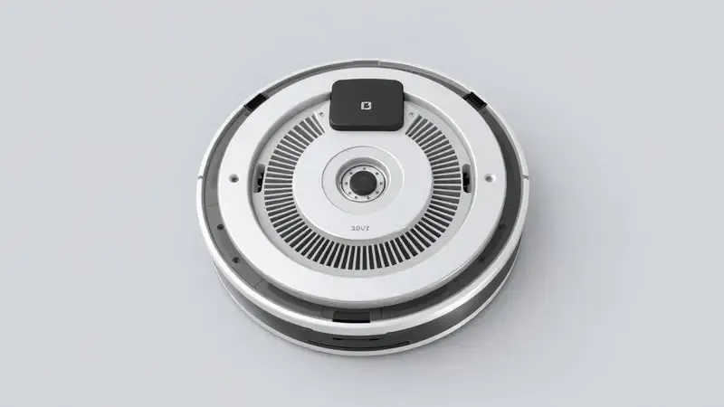 Ilustração 3D dos sensores e escovas de um robô aspirador projetado para coletar pelos de forma eficiente.