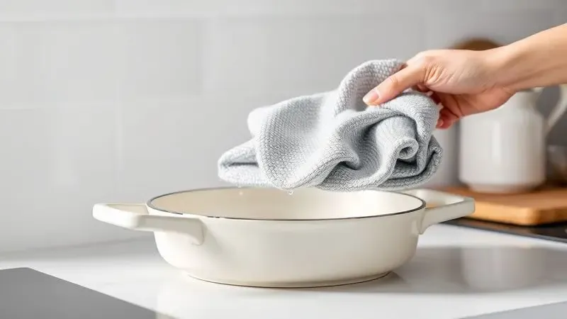 Cena minimalista de uma panela de cerâmica sendo cuidada com um pano macio, simbolizando manutenção e durabilidade.