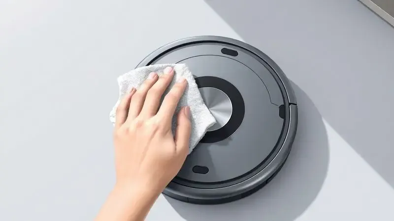 Ilustração de mãos usando um pano de microfibra para limpar cuidadosamente um aspirador robô sem marca.