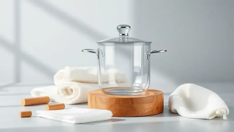 Representação artística de cuidados e limpeza com panela de vidro sobre uma superfície segura para evitar choque térmico.