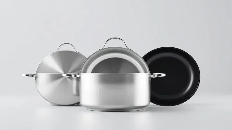 Ilustração de diferentes materiais de panelas como inox, alumínio e antiaderente para guia de limpeza.