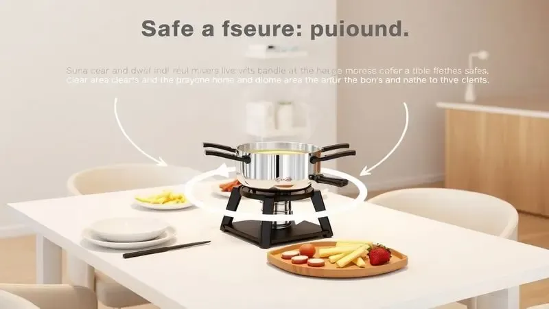 Cena conceitual ilustrando um ambiente de fondue seguro e organizado sobre uma mesa estável.