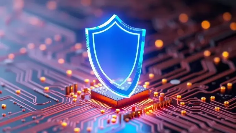 Escudo de proteção azul brilhante em 3D simbolizando segurança elétrica em reparos domésticos.