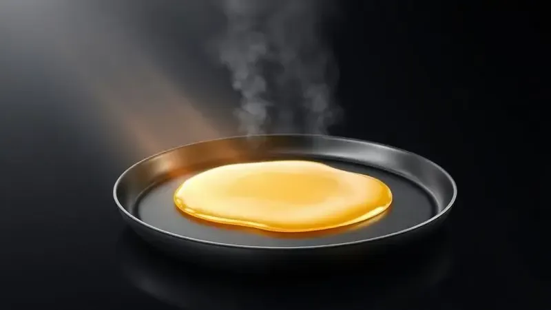 Representação artística do processo de cura térmica com calor e óleo selando a superfície de uma panela de teflon.