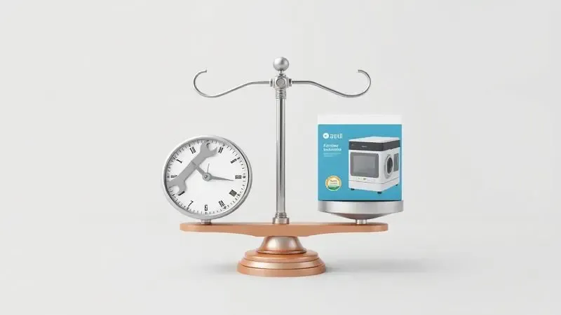 Ilustração 3D conceitual de uma balança comparando ferramentas de reparo com a caixa de um novo eletrodoméstico.