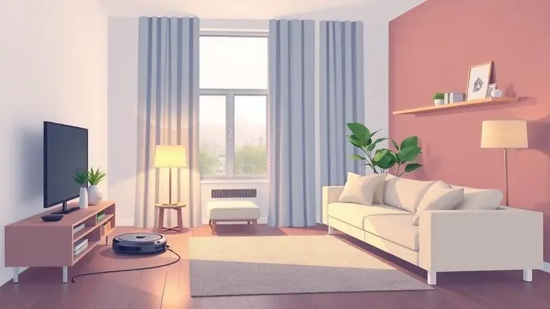 Ilustração de uma sala de estar moderna e limpa com um aspirador robô, simbolizando praticidade e investimento inteligente.