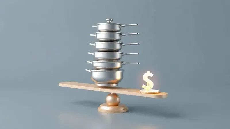 Ilustração conceitual de balança representando a relação de custo-benefício de um conjunto de panelas de qualidade.