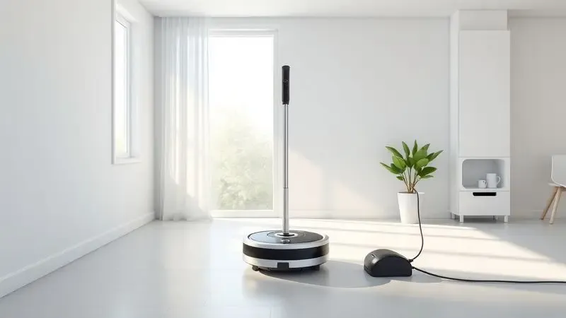 Robô aspirador na sua base de carregamento em um ambiente doméstico limpo e organizado, representando eficiência.