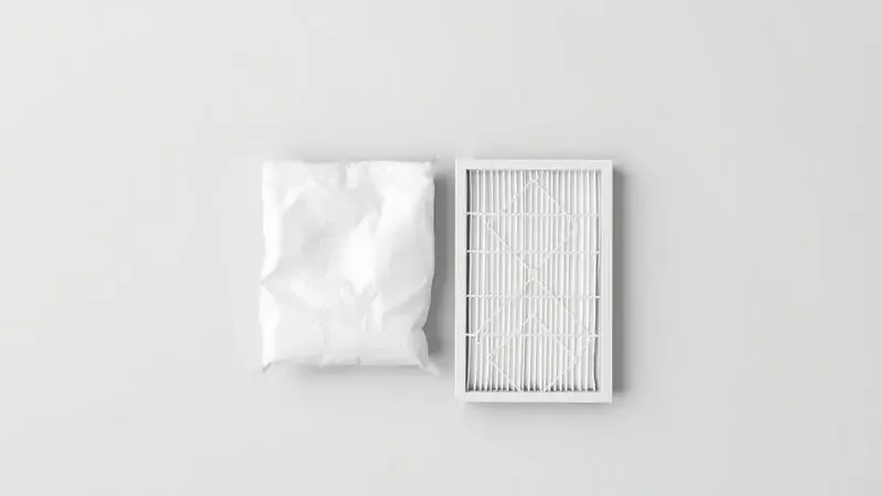 Composição minimalista de acessórios de manutenção como sacos de pó e filtros dispostos de forma organizada.