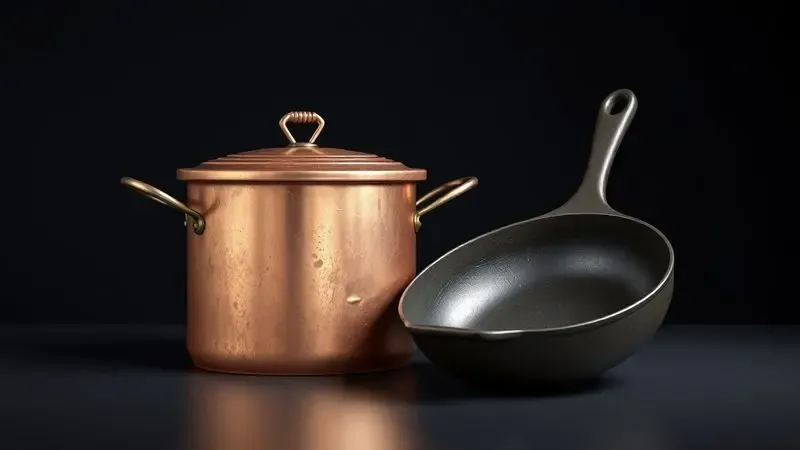Representação artística de uma panela de cobre com manchas de oxidação e perda de brilho, ilustrando danos por lavagem incorreta.