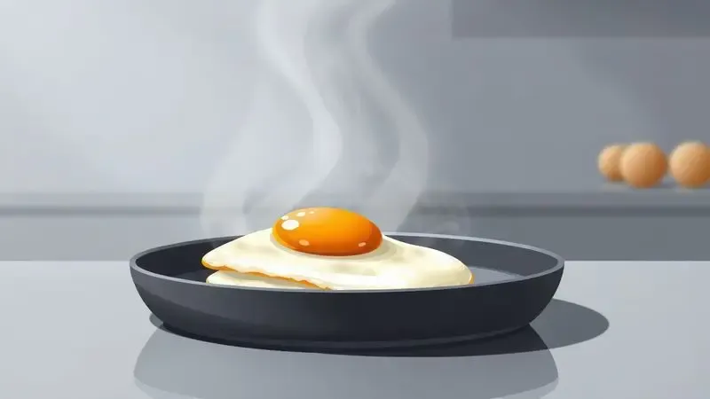 Ilustração digital de um ovo frito deslizando suavemente sobre a superfície de uma panela antiaderente cinza escura.