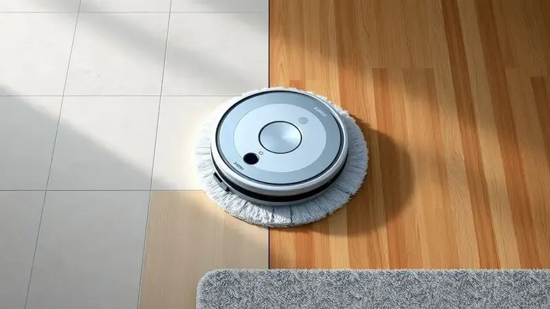 Representação artística de um aspirador robô transitando suavemente entre diferentes tipos de pisos, como madeira e azulejo.