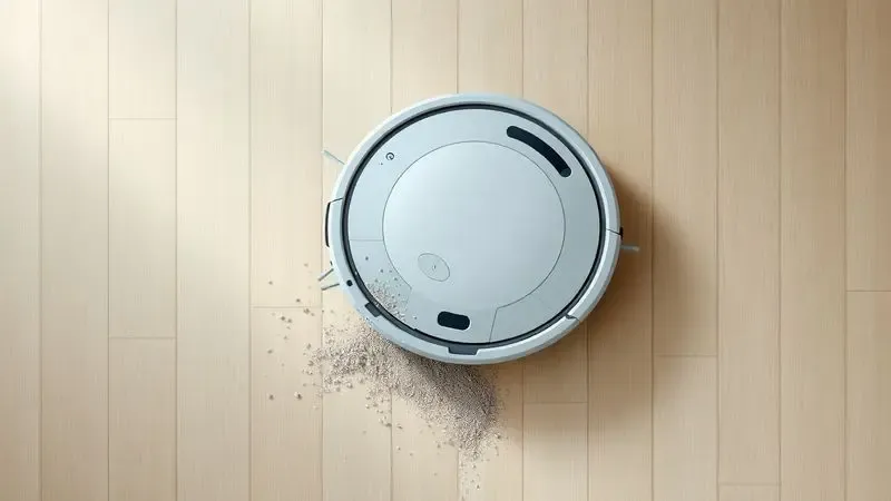 Ilustração digital mostrando a eficiência de um aspirador robô removendo partículas de poeira de um piso de madeira.