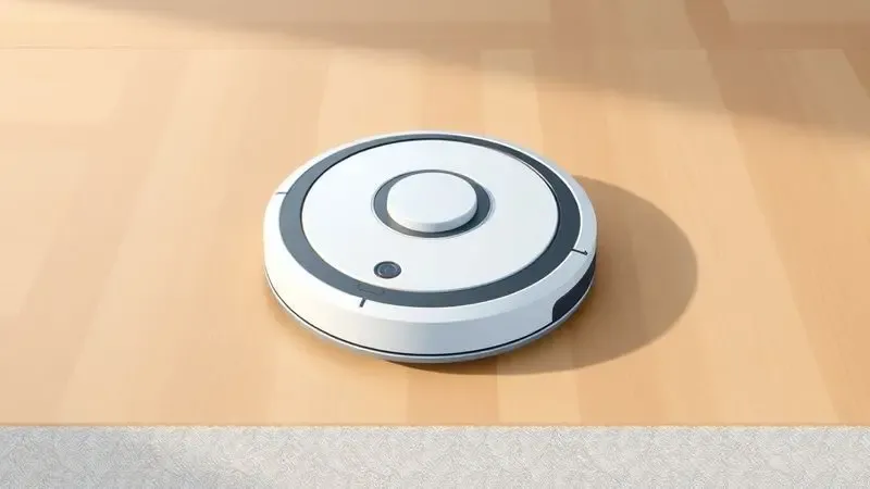 Ilustração de um robô aspirador transitando suavemente entre um piso laminado e um tapete baixo, removendo pelos.