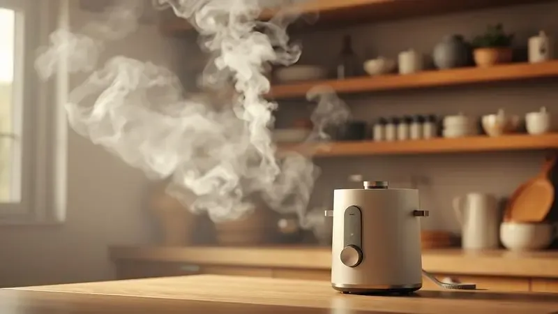 Ilustração digital realista de vapor suave saindo de um eletrodoméstico em uma cozinha aconchegante simbolizando potência de cozimento.