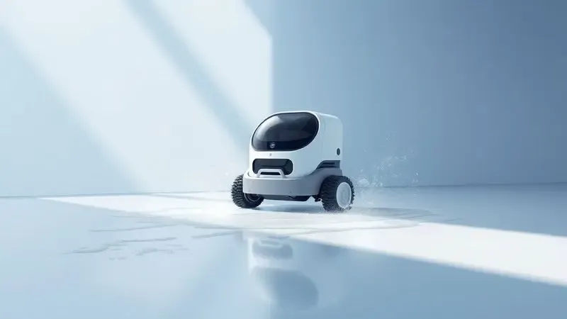 Ilustração digital de um robô aspirador limpando uma superfície, mostrando o contraste entre a área suja e a área limpa.