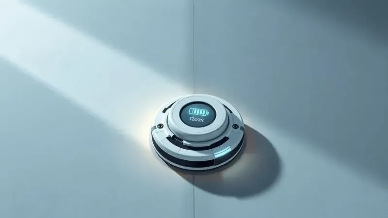 Ilustração de robô aspirador deixando um caminho limpo em piso de concreto industrial.