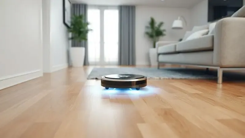 Cena conceitual de um robô aspirador limpando poeira em um piso de madeira, demonstrando eficiência diária.