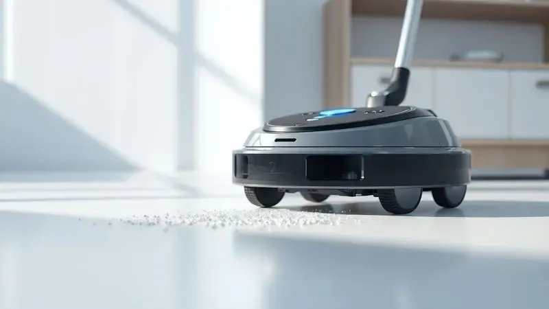 Ilustração conceitual de um robô aspirador removendo poeira do chão durante a rotina de limpeza.