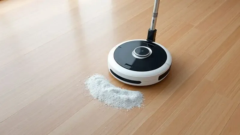 Ilustração 3D de um robô aspirador genérico limpando poeira em um piso de madeira moderno.