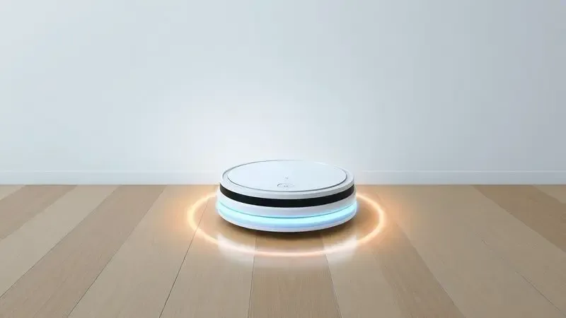 Ilustração digital de um robô aspirador genérico limpando um piso de madeira com rastros de luz indicando movimento e eficiência.