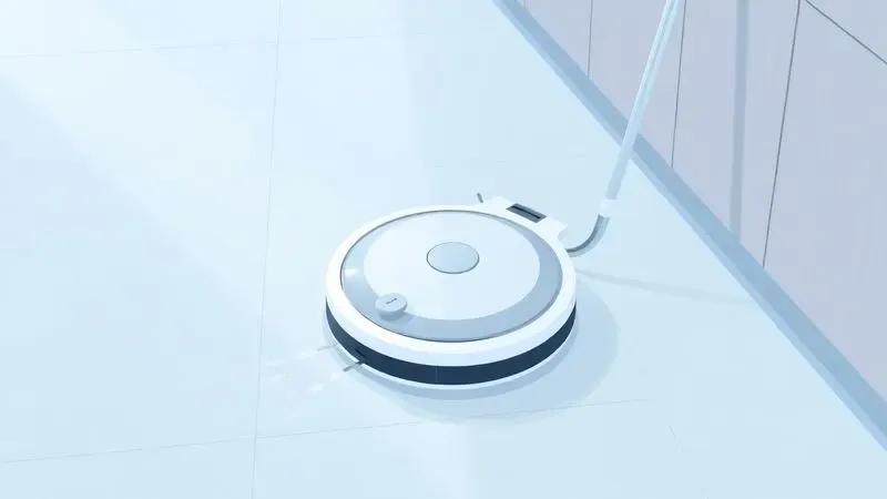 Representação digital de um robô aspirador limpando um piso de porcelanato moderno com eficiência.