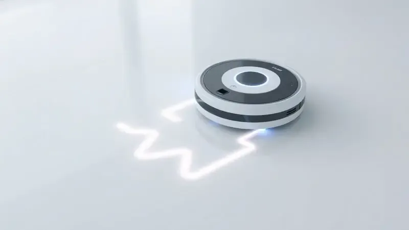 Simulação 3D de um robô aspirador realizando limpeza sistemática em padrão zig-zag.