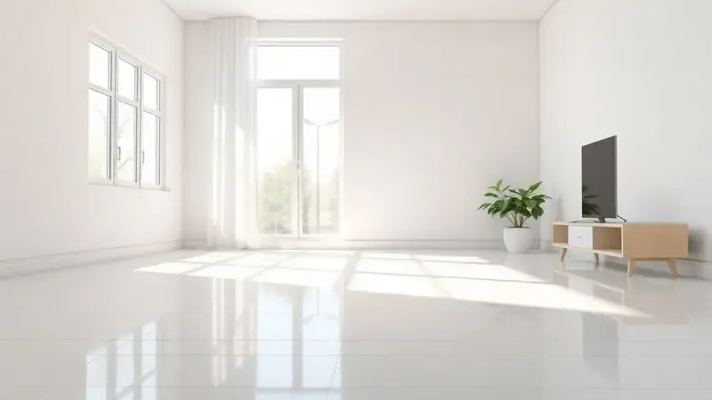 Ilustração digital de uma sala de estar minimalista e ensolarada com um piso impecavelmente limpo.