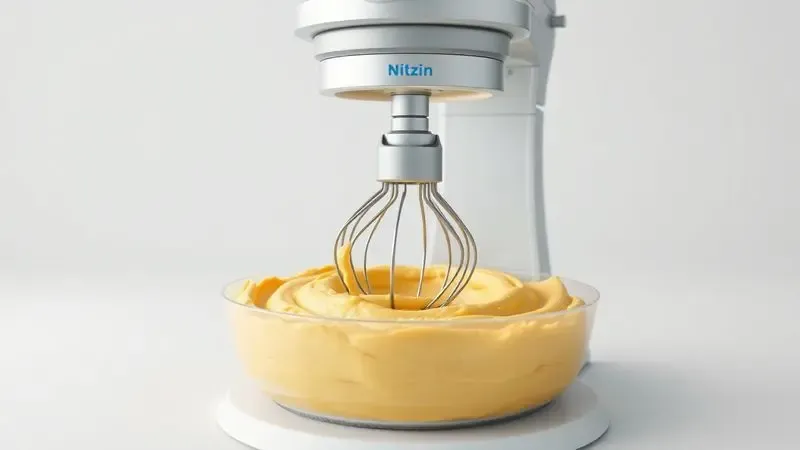 Renderização 3D de uma máquina mexedora preparando uma massa dourada e homogênea em ambiente de cozinha conceitual.