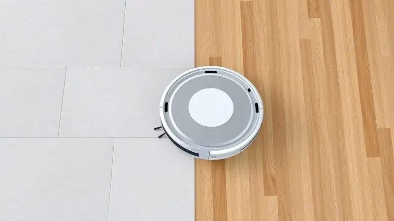 Renderização 3D de um robô aspirador navegando entre diferentes superfícies de piso em uma casa moderna.