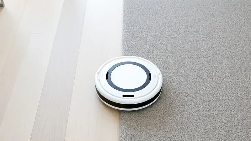 Renderização digital de um robô aspirador passando de um piso de madeira para um tapete macio, demonstrando versatilidade.