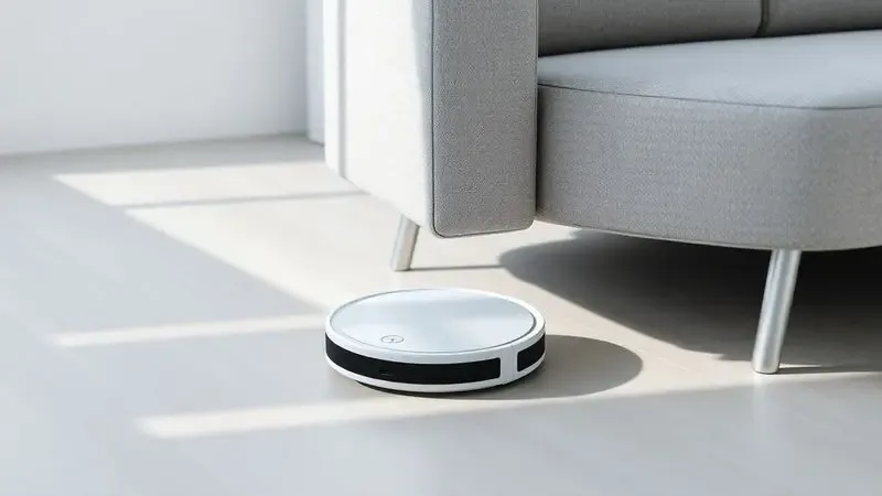 Ilustração 3D de um robô aspirador compacto de perfil baixo deslizando suavemente sob um sofá minimalista.