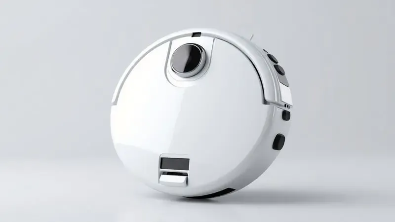 Renderização 3D detalhando o design e as escovas rotativas de um robô aspirador genérico em um ambiente de estúdio.