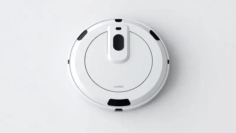 Ilustração 3D de um robô aspirador moderno focando em seu design elegante e acabamento minimalista.