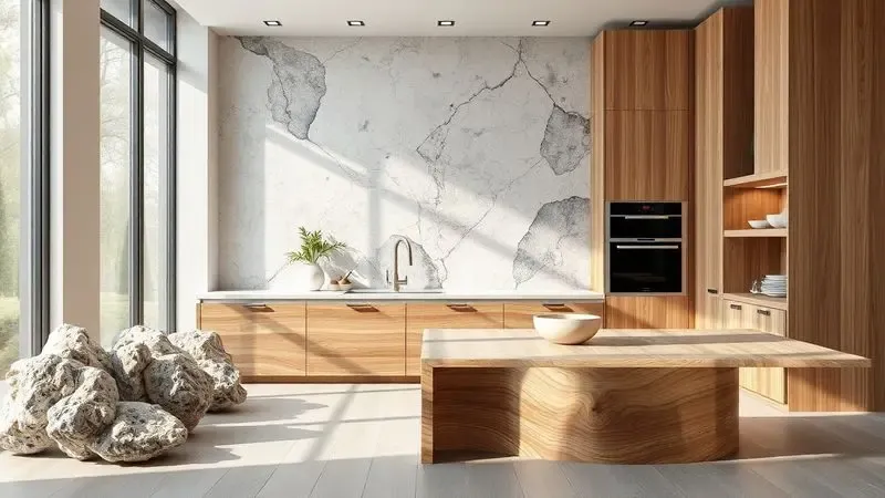 Ilustração conceitual de texturas de pedra natural e madeira integradas a uma cozinha moderna e orgânica.