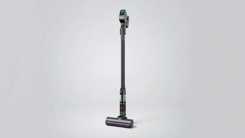 Ilustração 3D de um aspirador de pó vertical com design moderno e acabamento fosco de alta resistência.