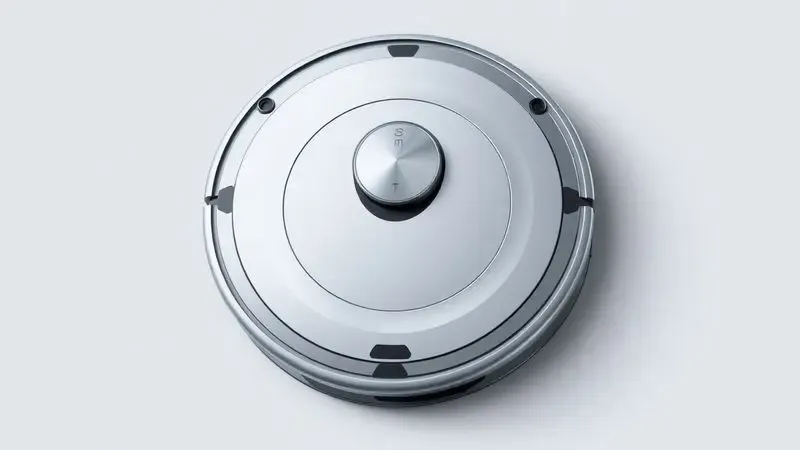 Ilustração 3D detalhando a estrutura externa e o design minimalista de um robô aspirador moderno sem marcas.
