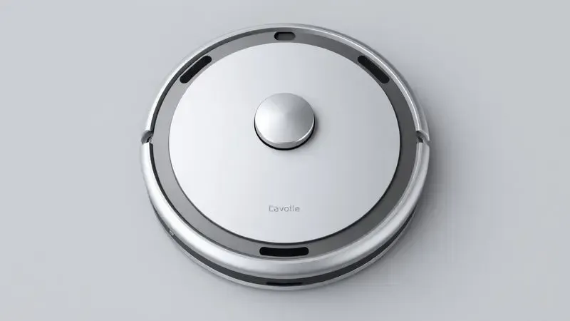 Visão superior de um robô aspirador moderno destacando seu design compacto e escovas laterais.
