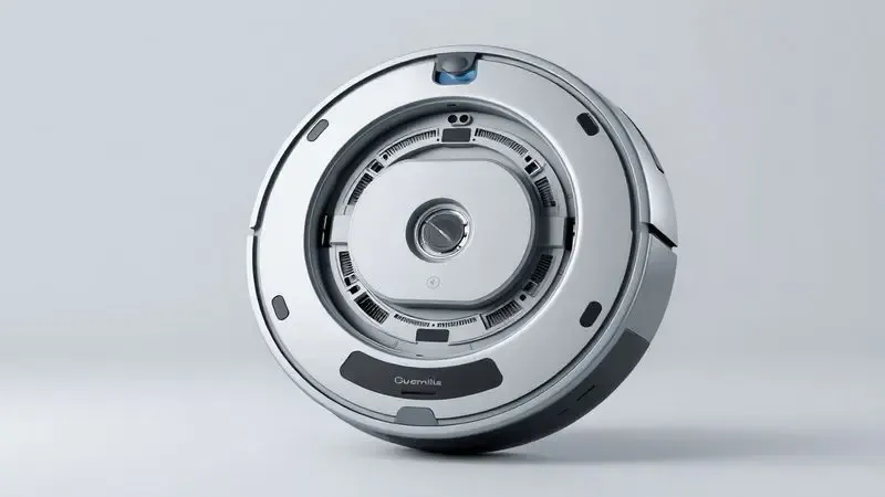 Ilustração 3D detalhando o design moderno e a estrutura circular de um robô aspirador de pó genérico.