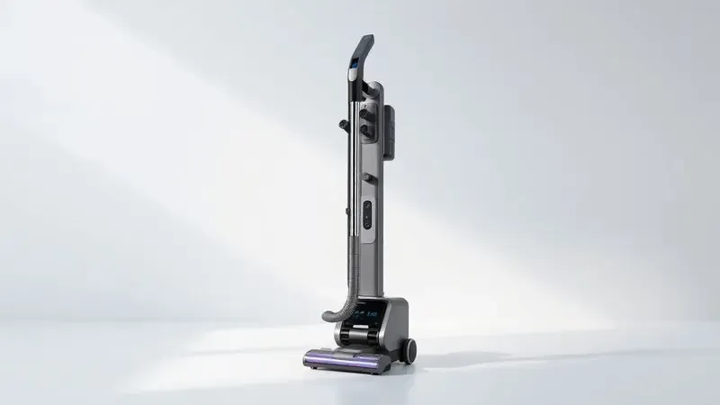 Renderização 3D de um aspirador vertical modular mostrando a versatilidade entre o uso de piso e o modo portátil.