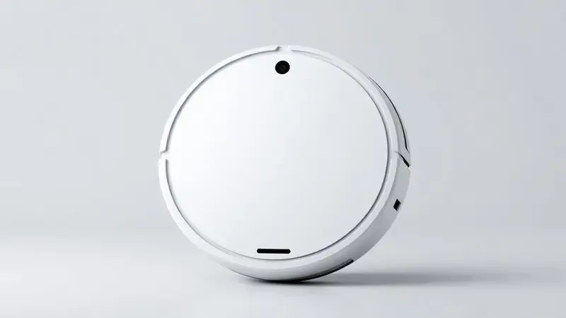 Ilustração 3D conceitual de um robô aspirador com design circular minimalista e acabamento fosco em um fundo neutro.