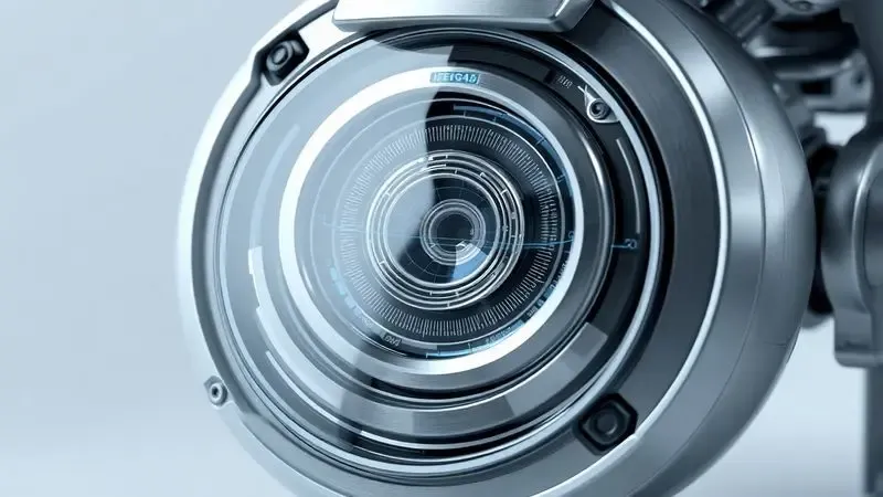 Renderização 3D detalhada mostrando o design interno e sensores tecnológicos de um robô aspirador futurista.