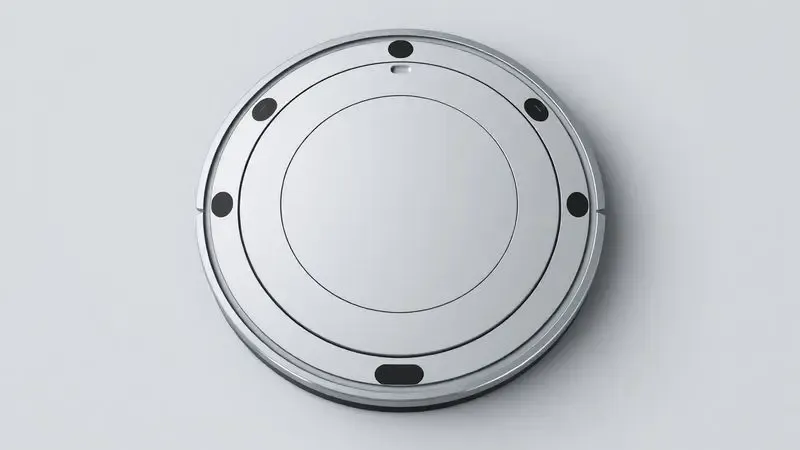 Representação 3D minimalista focada no acabamento e nas curvas de um robô aspirador moderno e genérico.
