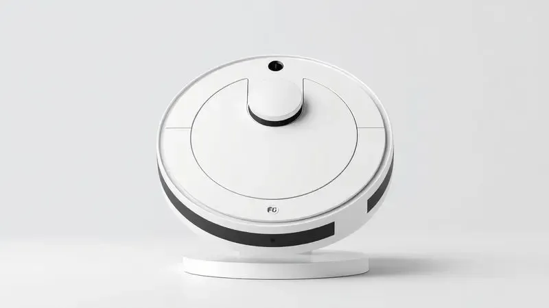 Ilustração 3D de um aspirador robô circular com design fino e moderno destacando sua forma compacta e sensores.