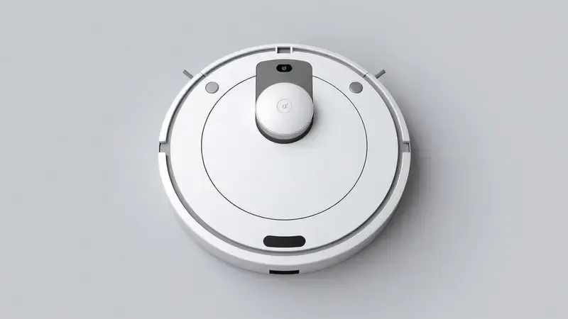 Renderização 3D detalhada do design circular e perfil fino de um robô aspirador moderno e minimalista.